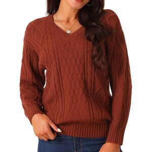 V Neck Long Sleeve Casual Loose Chunky Warm Pullover Sweater Top Wine Red